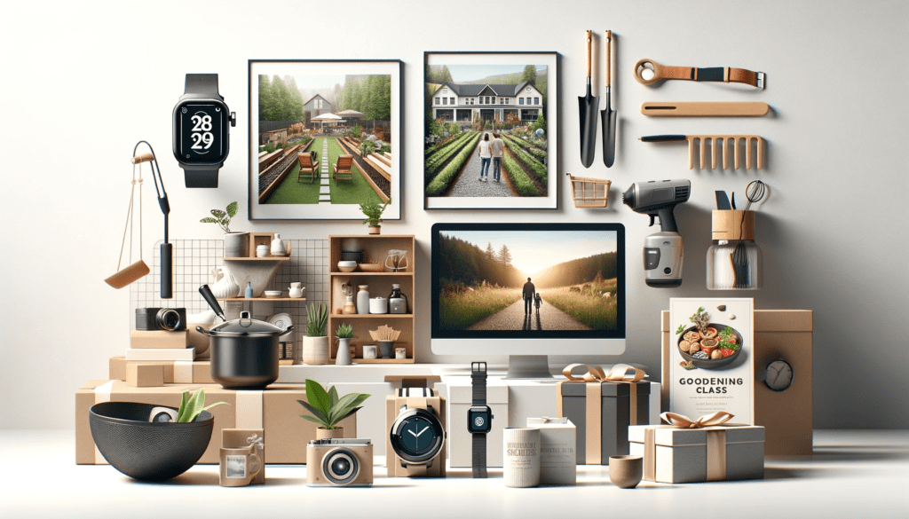 Wide, modern image displaying seven gift ideas for parents, including custom photo album, gardening tools, cooking class voucher, fitness watches, personalized kitchenware, art piece, and travel package.