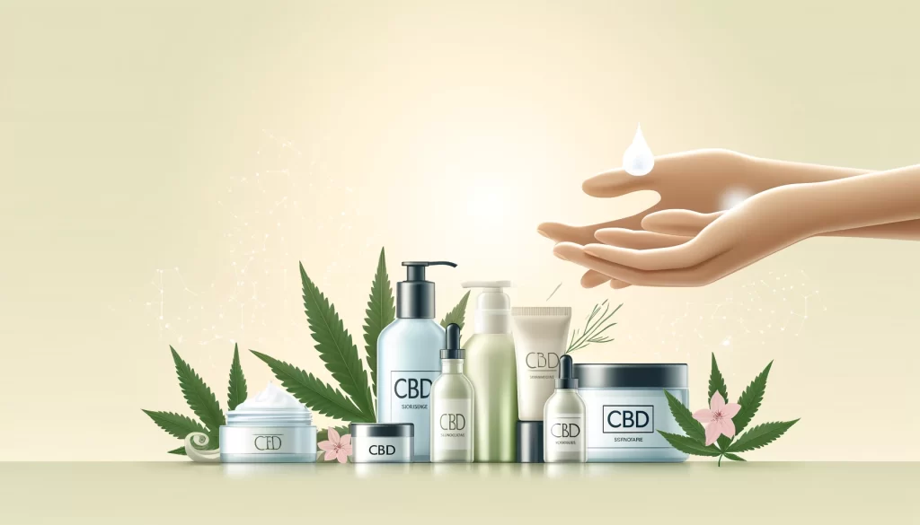 Illustration of various CBD skincare products, including creams, lotions, and oils, depicting clear and healthy skin with natural elements like leaves and water droplets.