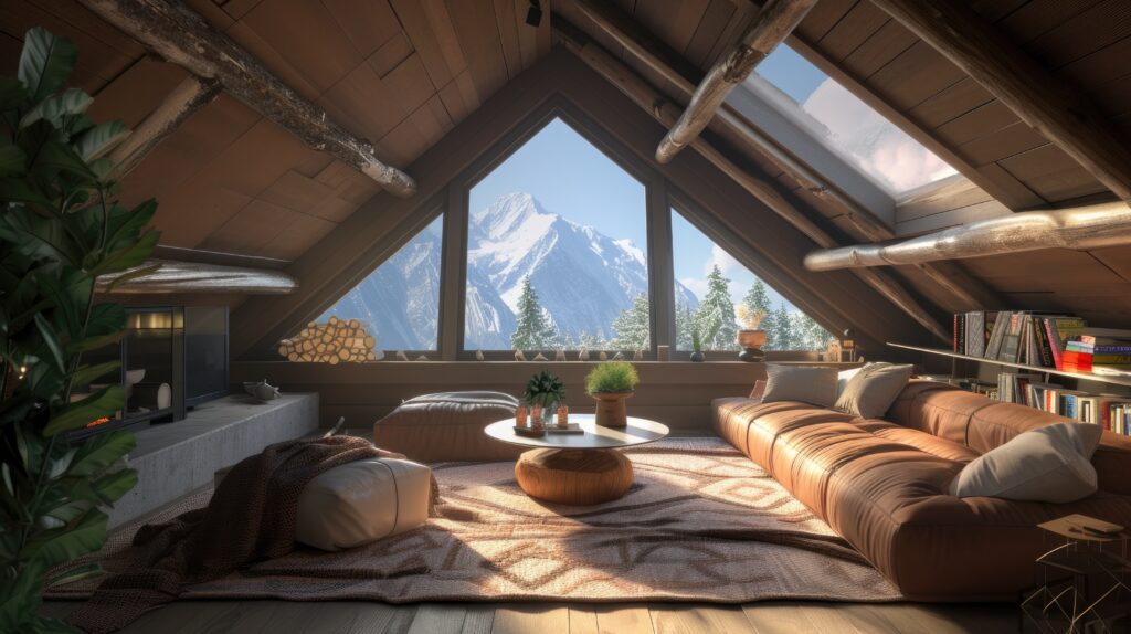 photorealistic timber house interior with wooden decor furnishings